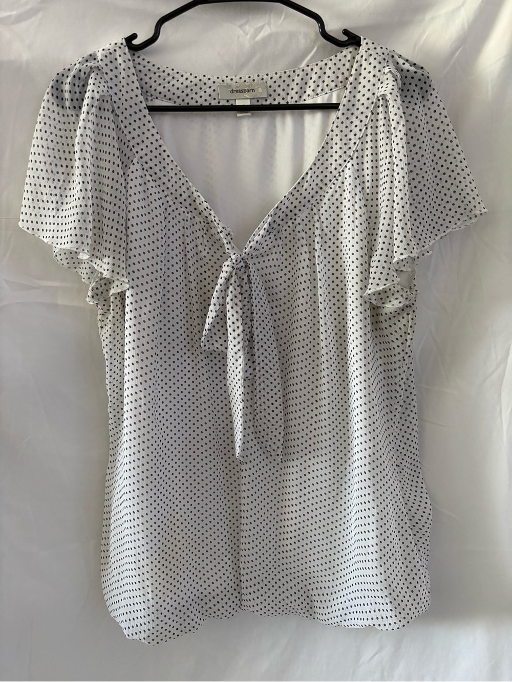 dressbarn White Dot Tie-Front Flutter Sleeve Blouse